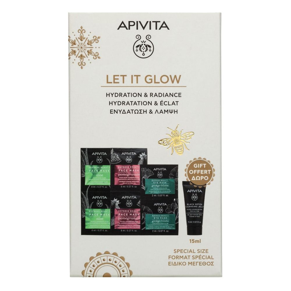 Set Apivita Let it Glow. Confezione regalo con prodotti per la cura del viso. Contiene maschere e gel detergente. Imballaggio.