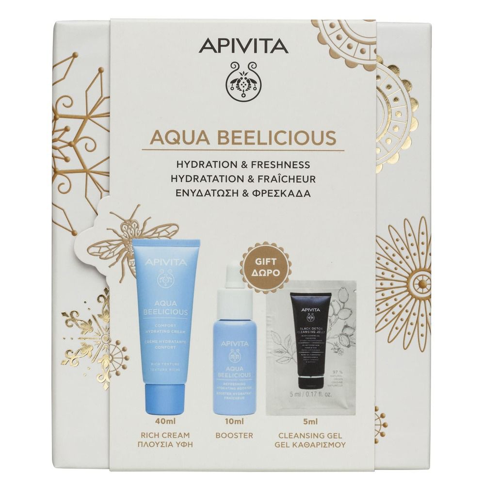 Confezione regalo con prodotti cosmetici. Include tubo, flacone, bustina. Scritta: Apivita Aqua Beelicious. Decorazioni dorate.
