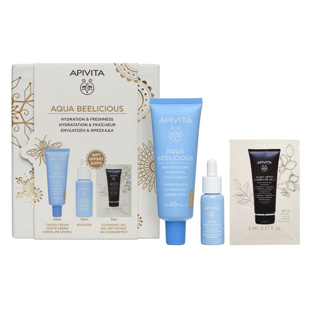 Set regalo con crema, booster e gel detergente. Tubi e flaconi azzurri, in una scatola con nome e logo del prodotto.