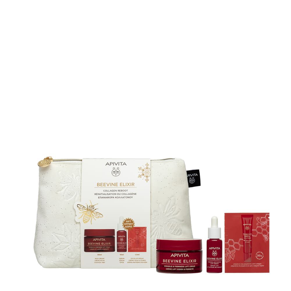 Set regalo cosmetico. Include pochette crema, crema, siero e contorno occhi. Scritta: Beevine Elixir.