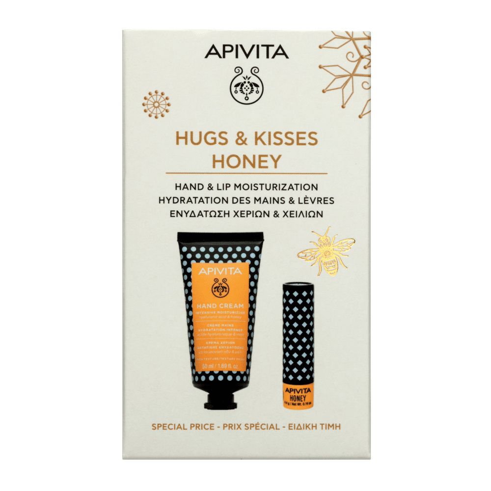 Set regalo con crema mani e balsamo labbra. Confezione con immagini dei prodotti. Testo: 'Hugs & Kisses Honey'.