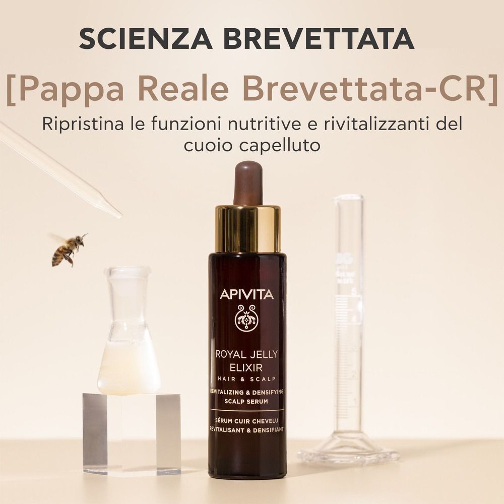 Flacone prodotto con attrezzature di laboratorio. Testo: Apivita Royal Jelly Elixir. Scienza. [Pappa Reale Brevettata-CR].