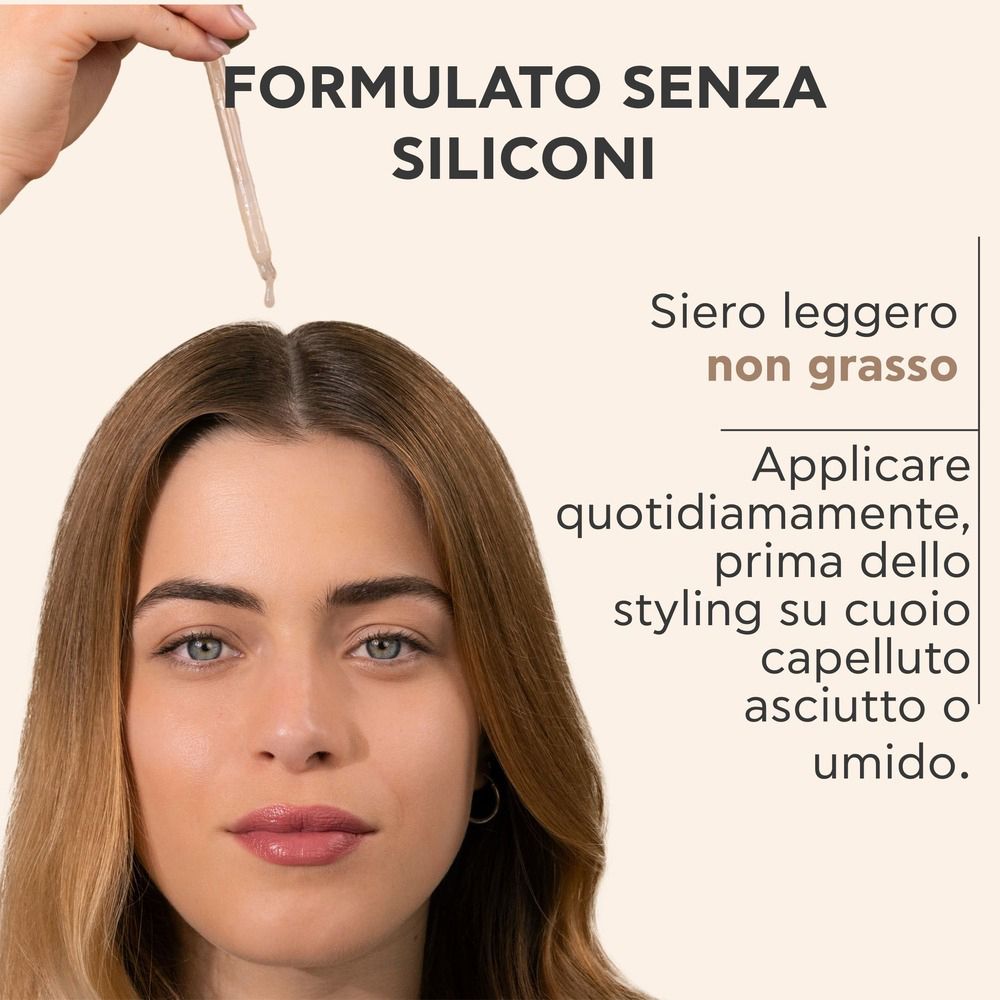Donna con flacone prodotto. Testo: Formula senza siliconi. Applicare quotidianamente prima dello styling.