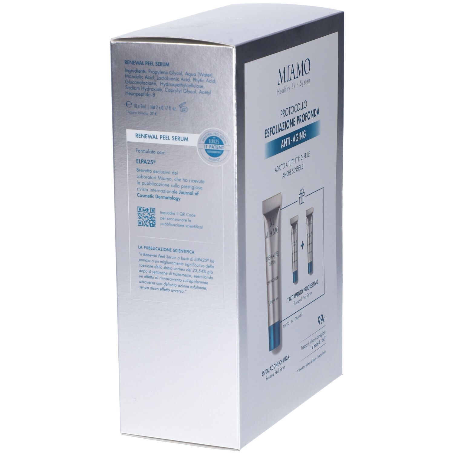 Retro della confezione argentata del prodotto. Testo e illustrazioni di tubi e informazioni sul prodotto in italiano.