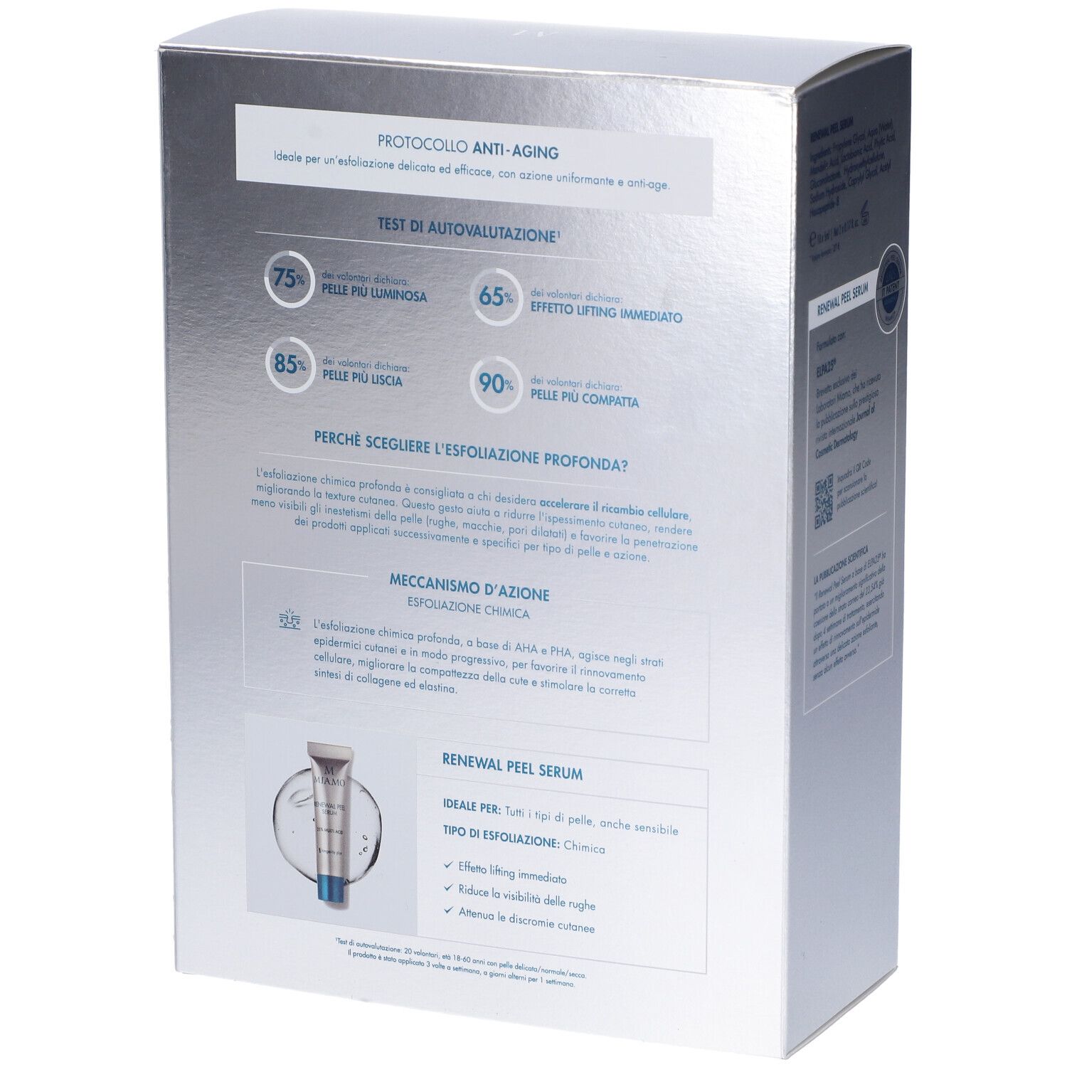 Retro della confezione del prodotto con testo e grafici. Contiene informazioni sul prodotto in italiano.