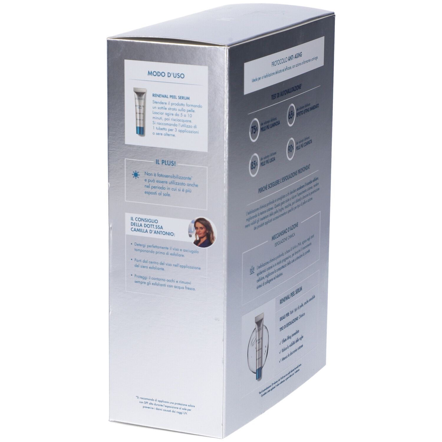 Vista laterale della confezione del prodotto con testo e illustrazioni. Contiene informazioni sul prodotto in italiano.