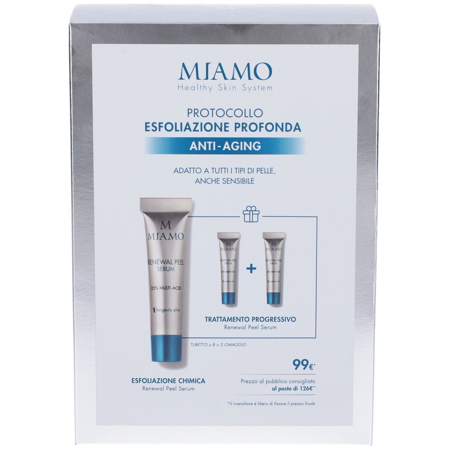 Confezione argentata con immagine prodotto e testo. Contiene tre tubi e denominazione prodotto in italiano.