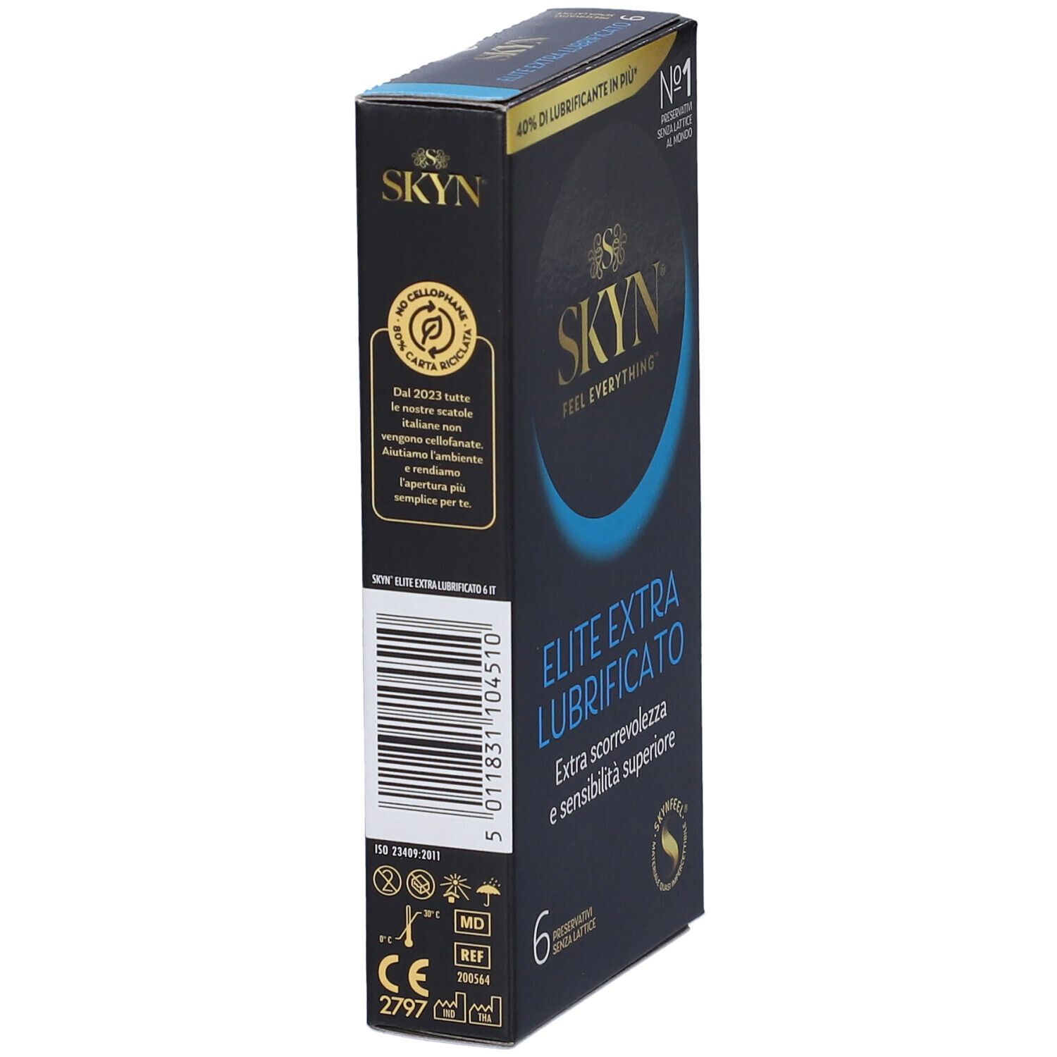 Confezione SKYN Elite Extra Lubrificati, retro con dettagli, 6 preservativi.