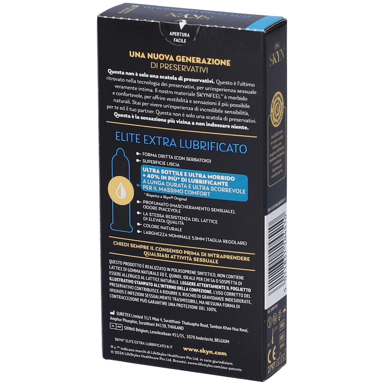 Confezione SKYN Elite Extra Lubrificati, lato con informazioni prodotto.