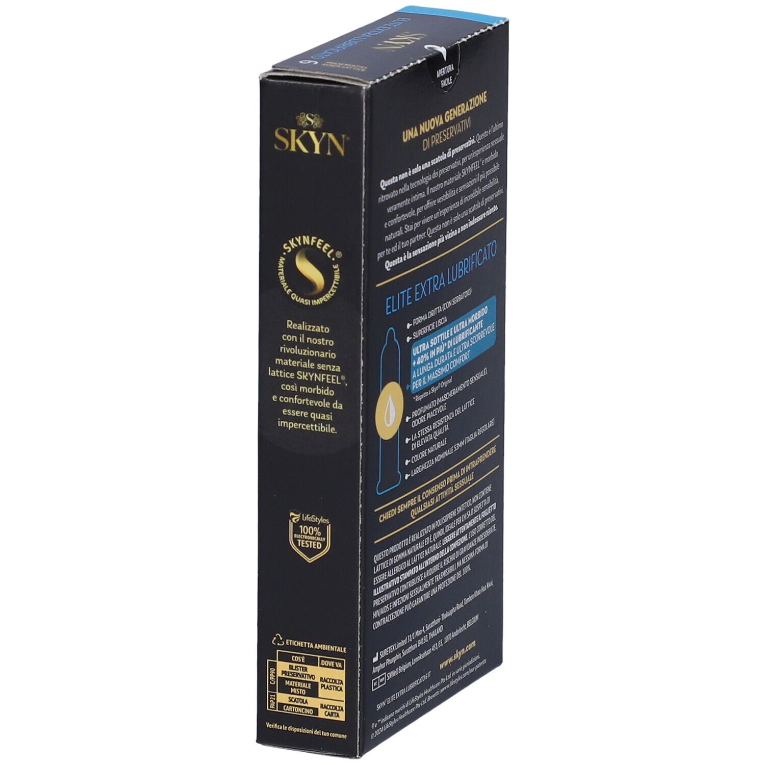 Confezione SKYN Elite Extra Lubrificati, lato con descrizione prodotto.