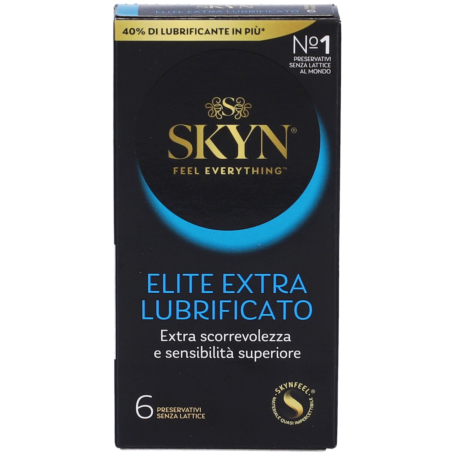 Confezione SKYN Elite Extra Lubrificati, 6 preservativi, senza lattice, fronte.