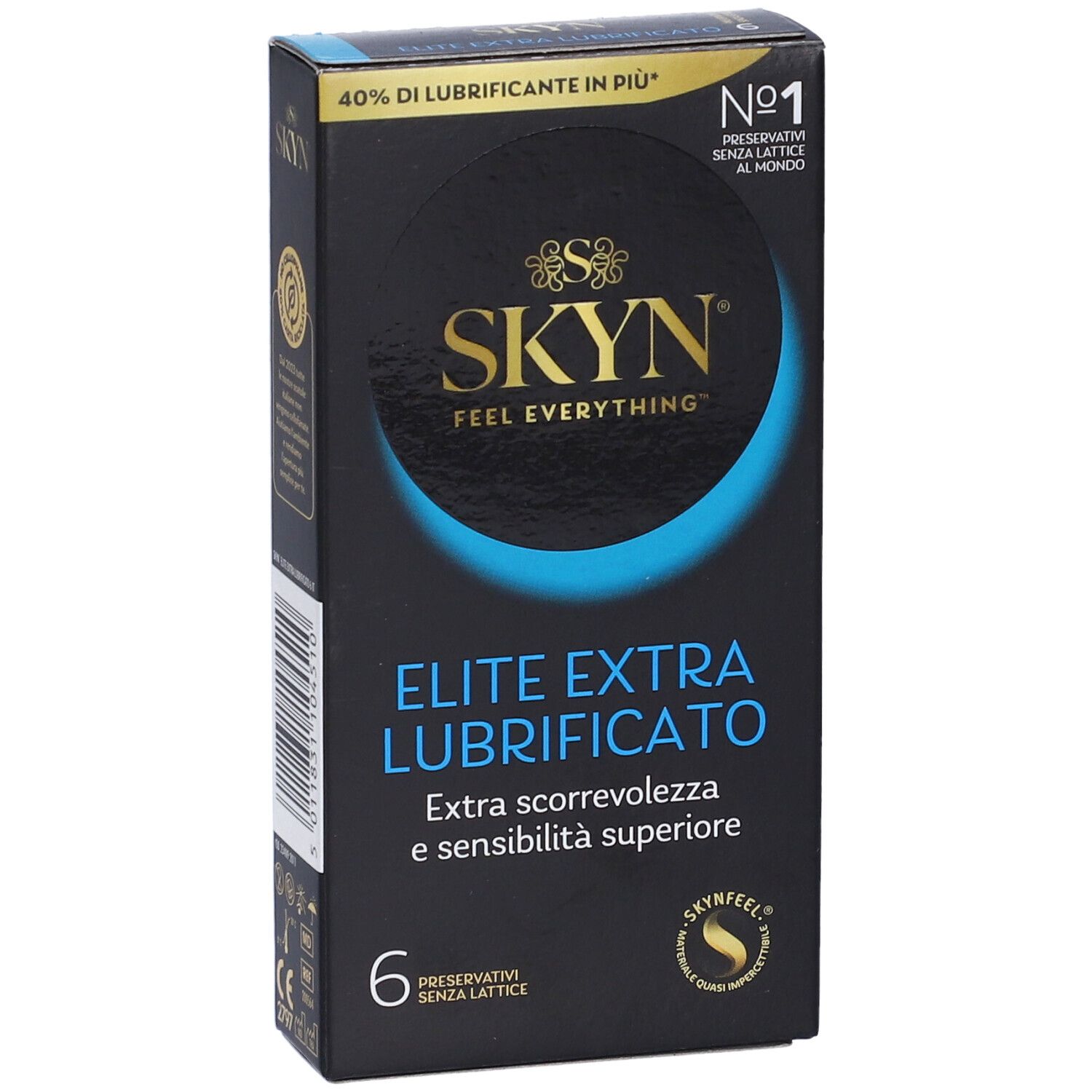 Confezione SKYN Elite Extra Lubrificati, 6 preservativi, senza lattice, vista frontale.