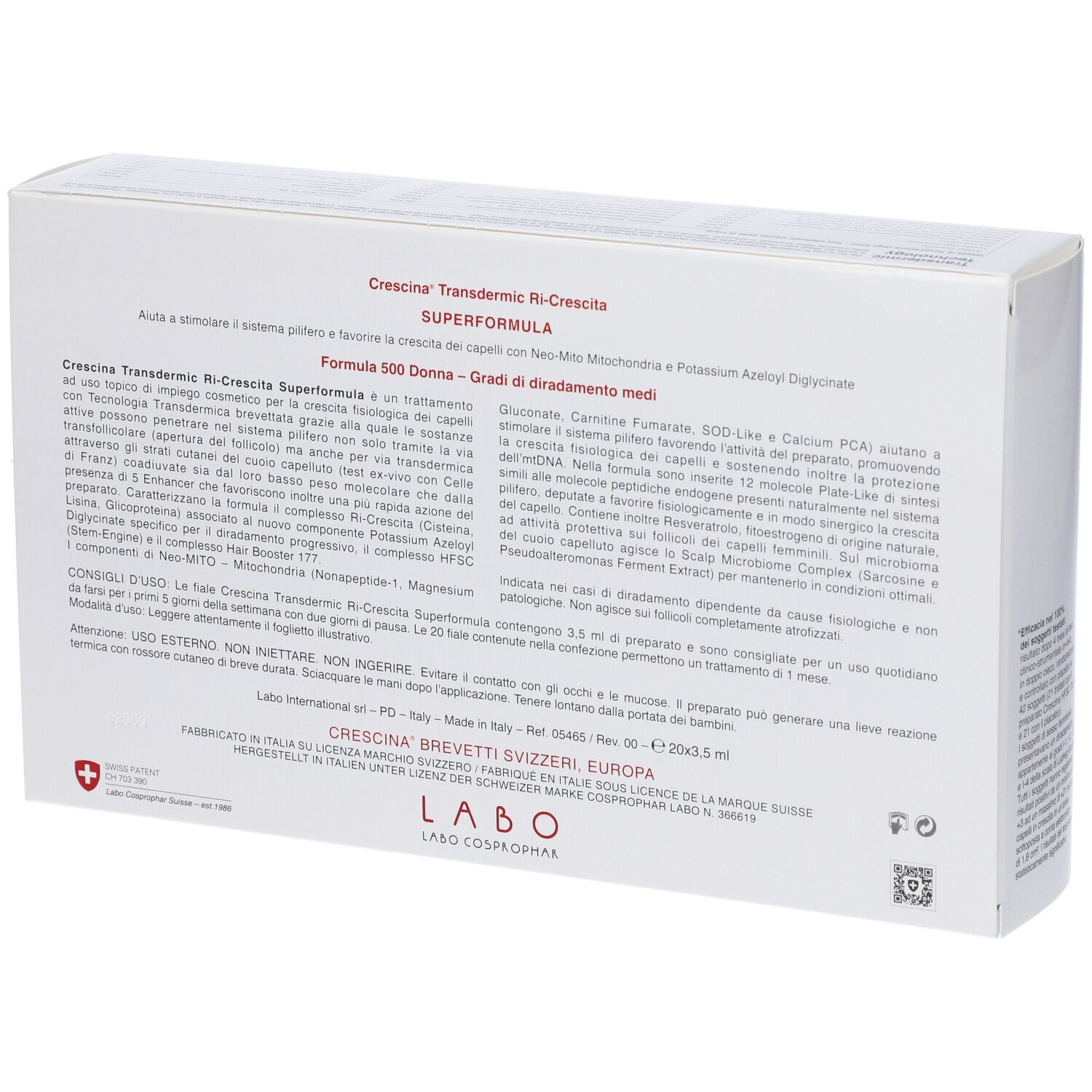 Labo Crescina Ri Crescita Super Formula 500 Donna 20 Fiale 3,5ml