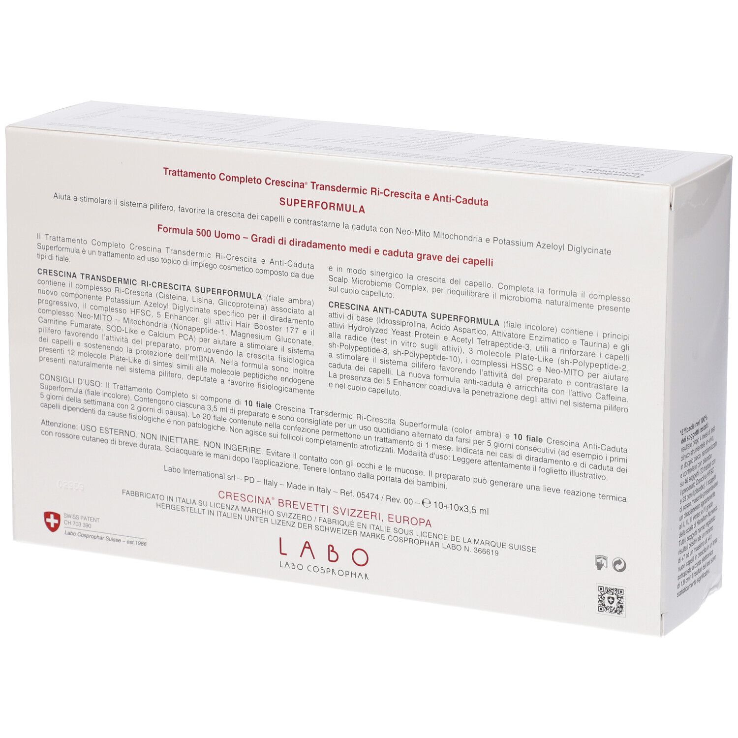 Crescina Ri Crescita Super Formula 500 Uomo Tc 10+10 Fiale 3,5 ml