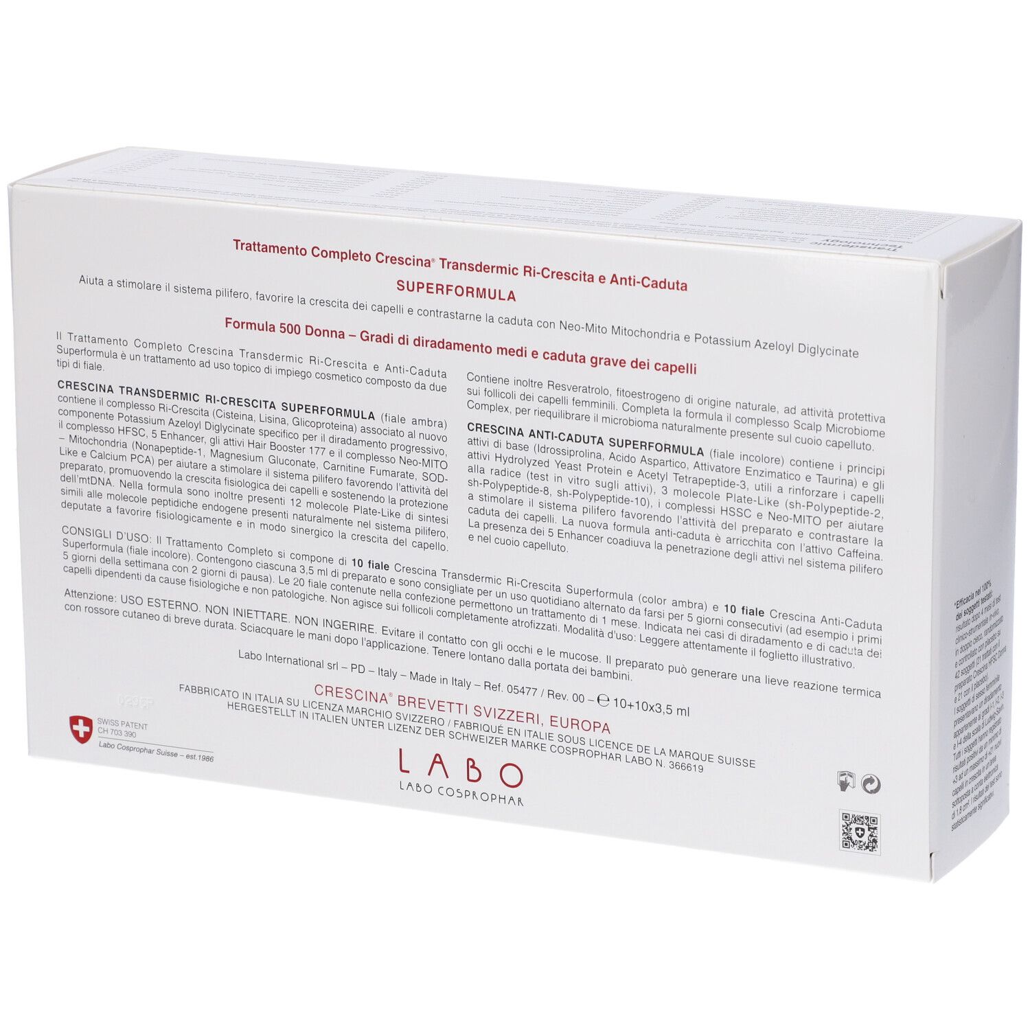 Crescina Ri Crescita Super Formula 500 Donna Tc 10+10 Fiale 3,5 ml