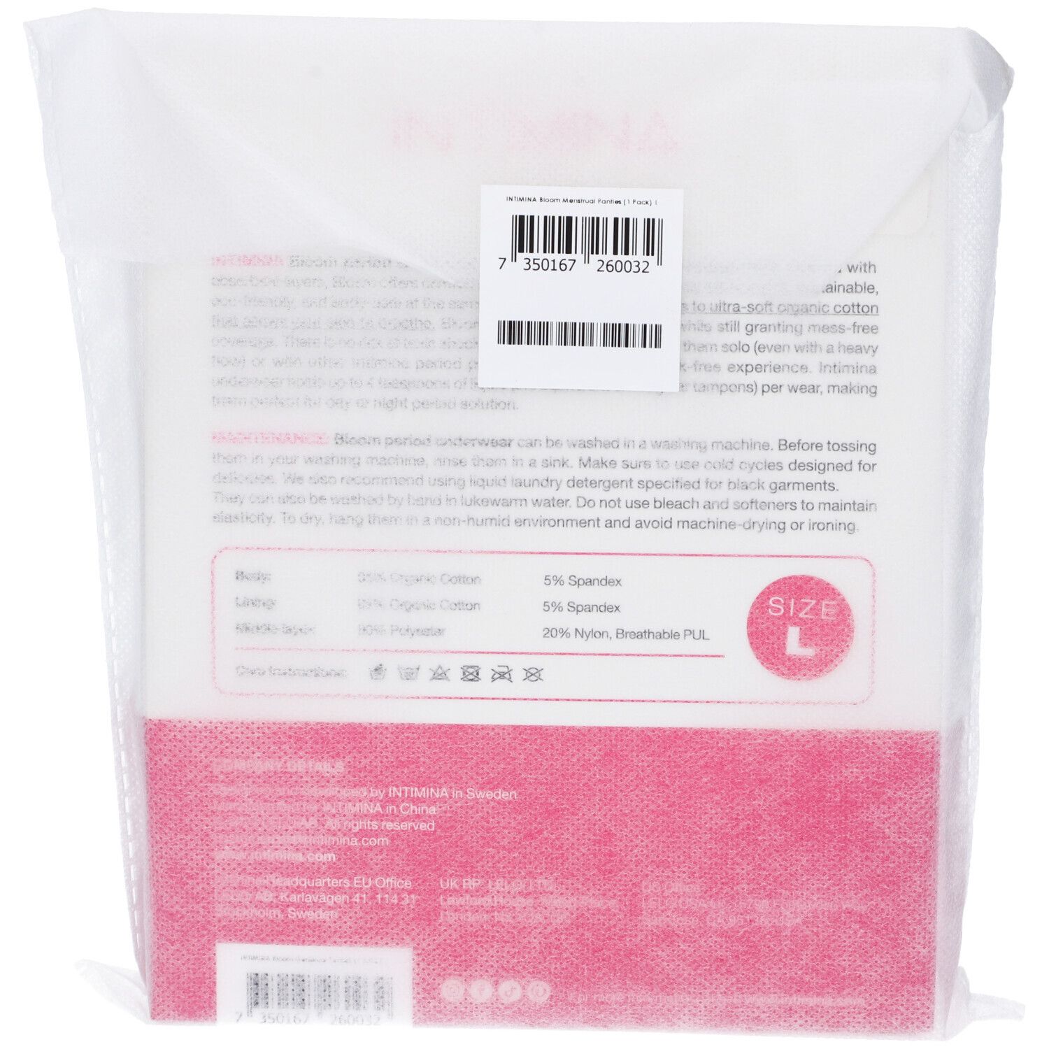 Retro della confezione INTIMINA Bloom Mutanda Mestruale. Taglia L. Informazioni sui materiali.