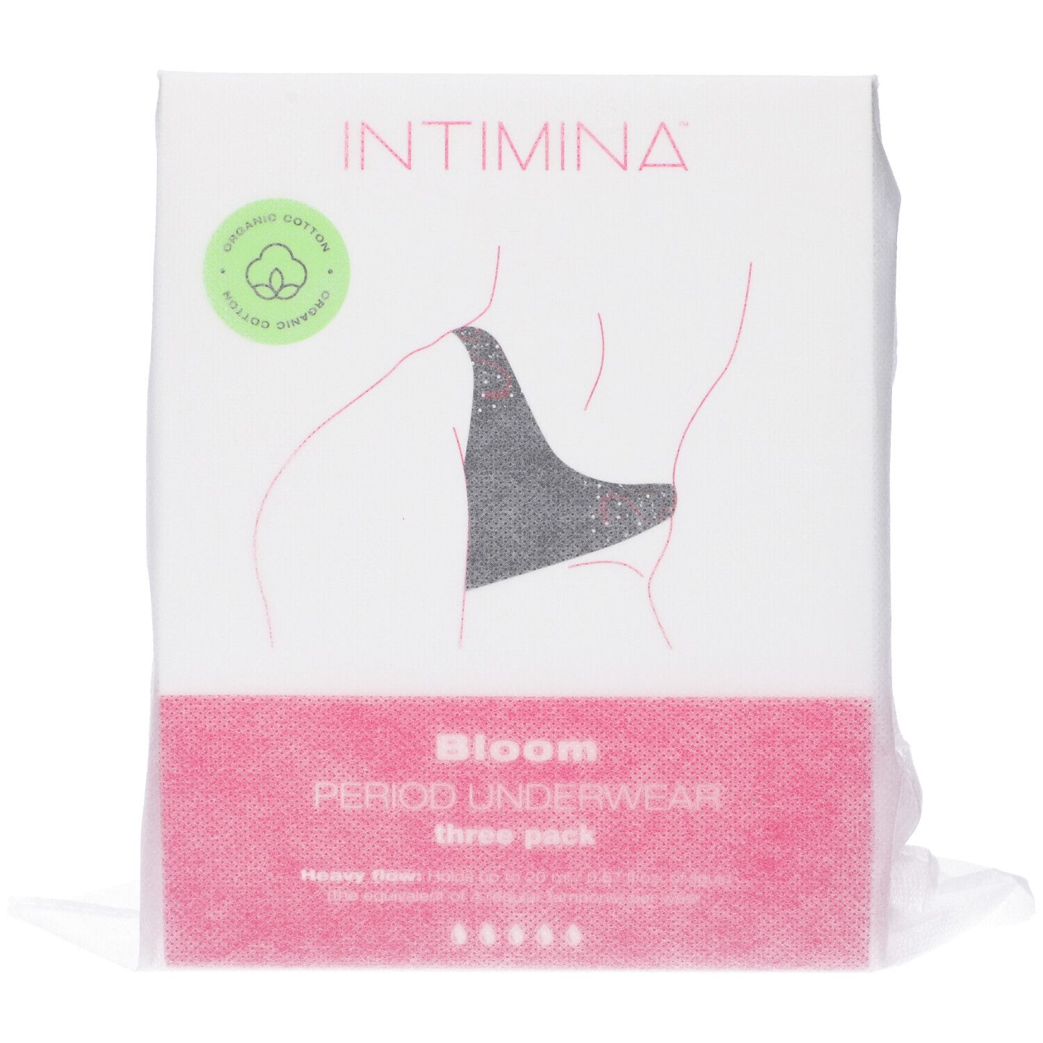 Confezione Intimina Bloom Mutanda Mestruale. Tre pezzi. Rosa e bianco.
