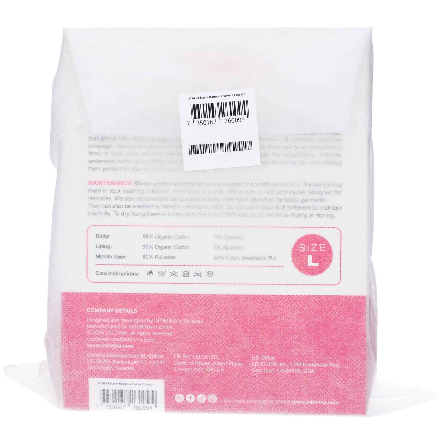 Retro della confezione con informazioni su materiali, cura e taglia L.