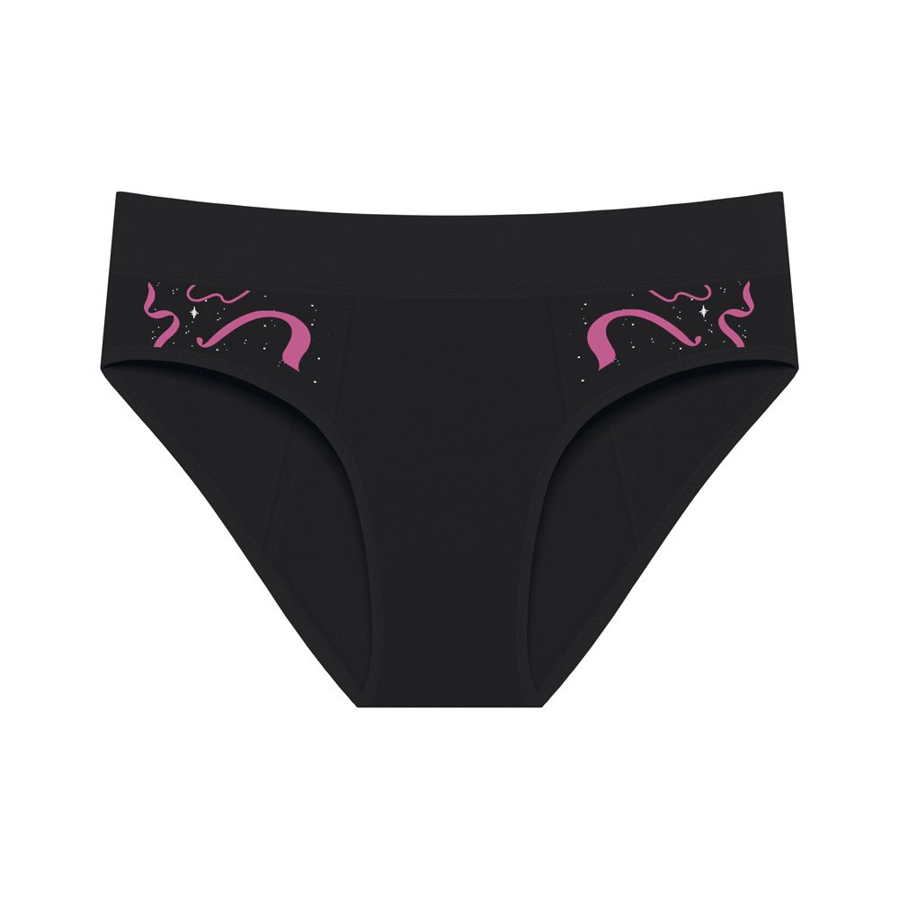 Mutanda mestruale nera, design rosa sui lati. Vita alta.