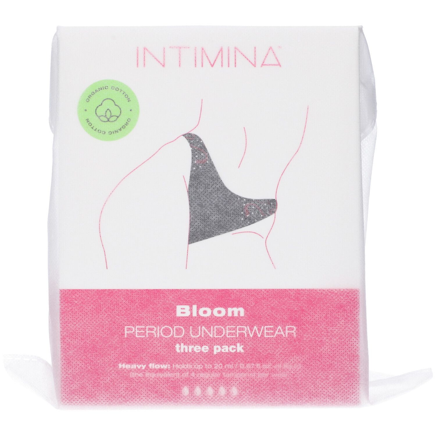 Confezione da tre mutandine mestruali INTIMINA Bloom. Illustrazione di mutandine nere. Dettagli rosa. Cotone certificato.