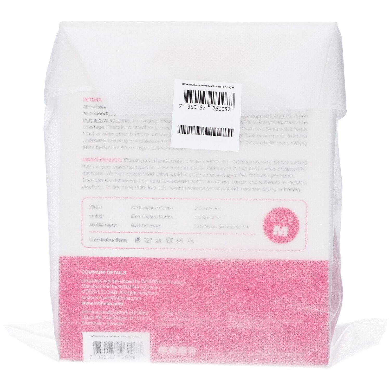 Retro della confezione delle mutandine mestruali INTIMINA Bloom. Taglia M. Informazioni sul prodotto. Composizione del materiale.