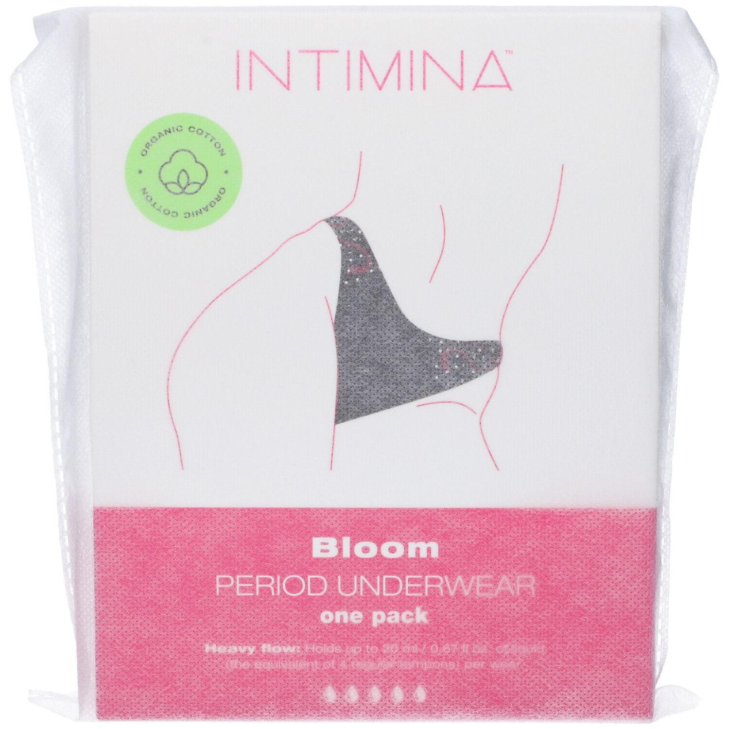 Confezione Intimina Bloom mutandine mestruali. Confezione singola. Illustrazione delle mutandine.