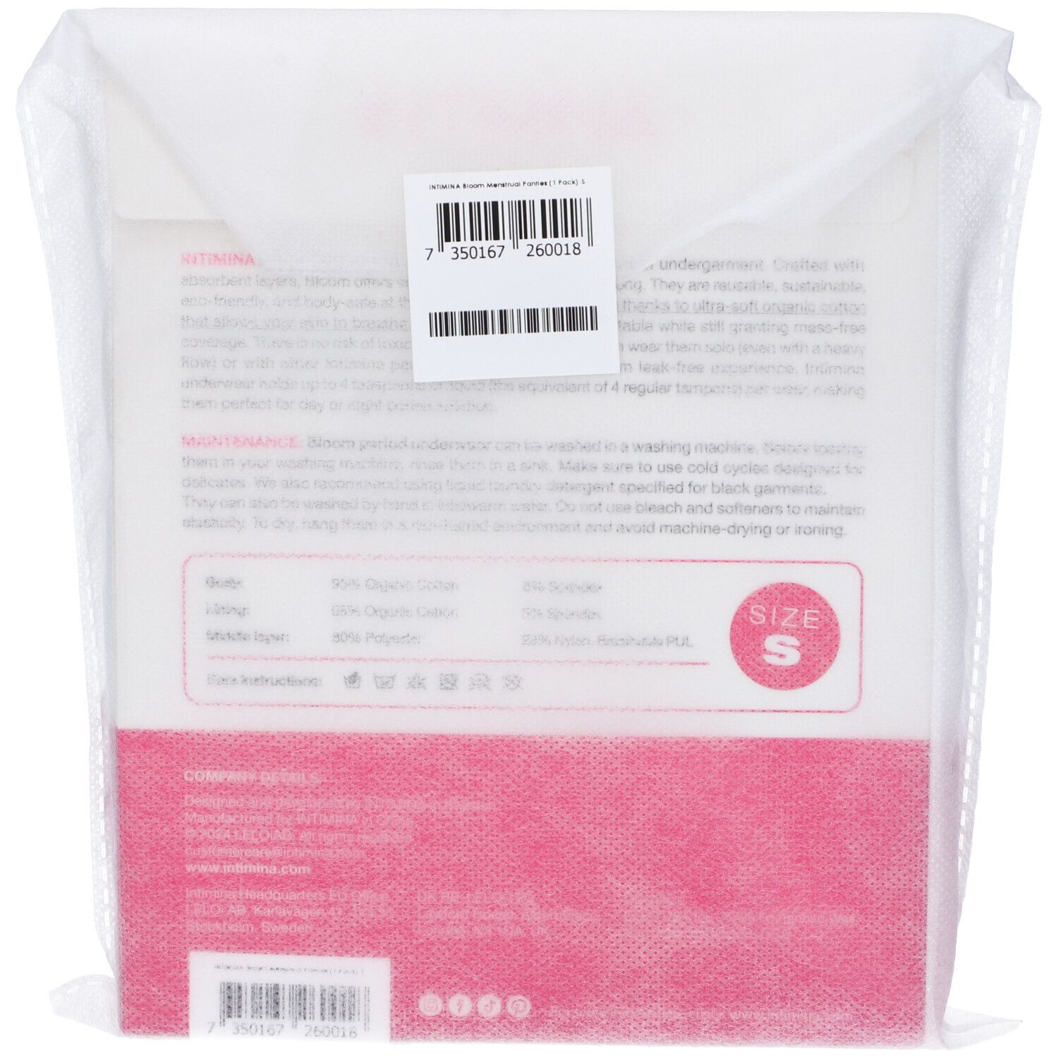 Retro della confezione con informazioni sul prodotto. Taglia S. Istruzioni per la cura.