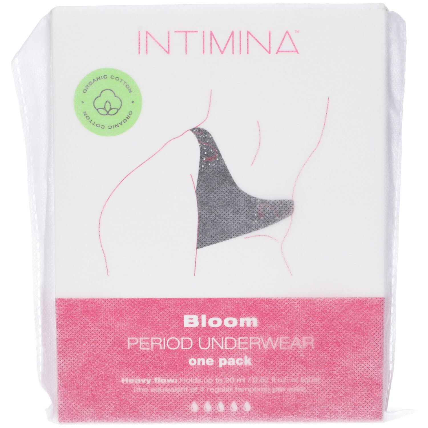 INTIMINA Bloom Mutanda Mestruale XL, confezione. Certificazione cotone. Design confezione bianco.