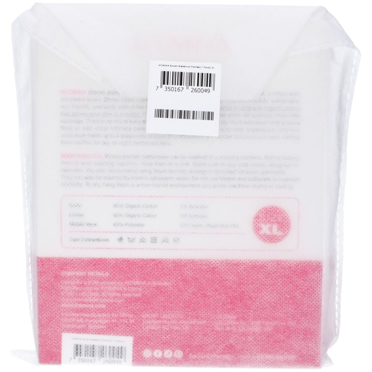 Retro della confezione. INTIMINA Bloom mutanda mestruale. Informazioni sul prodotto e taglia XL.