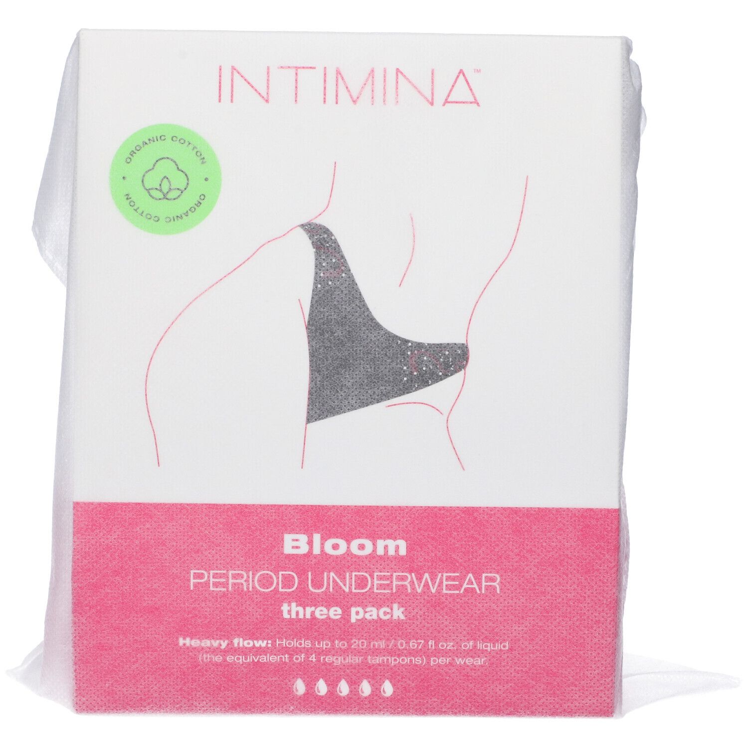 Confezione mutande mestruali INTIMINA Bloom, taglia XL. Tre pezzi. Dettagli rosa.