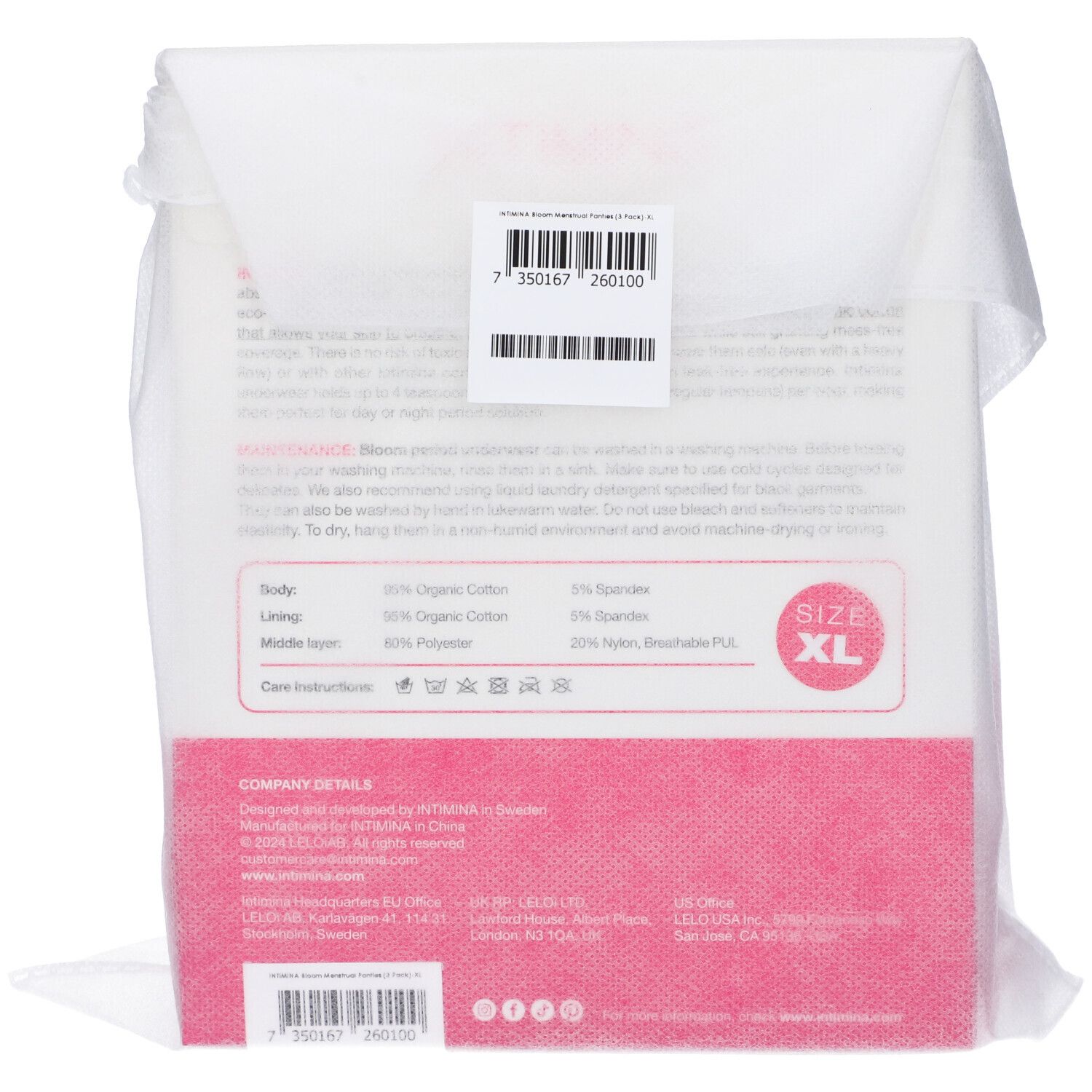 Retro della confezione. INTIMINA Bloom. Taglia XL. Ingredienti, istruzioni per la cura, produttore.