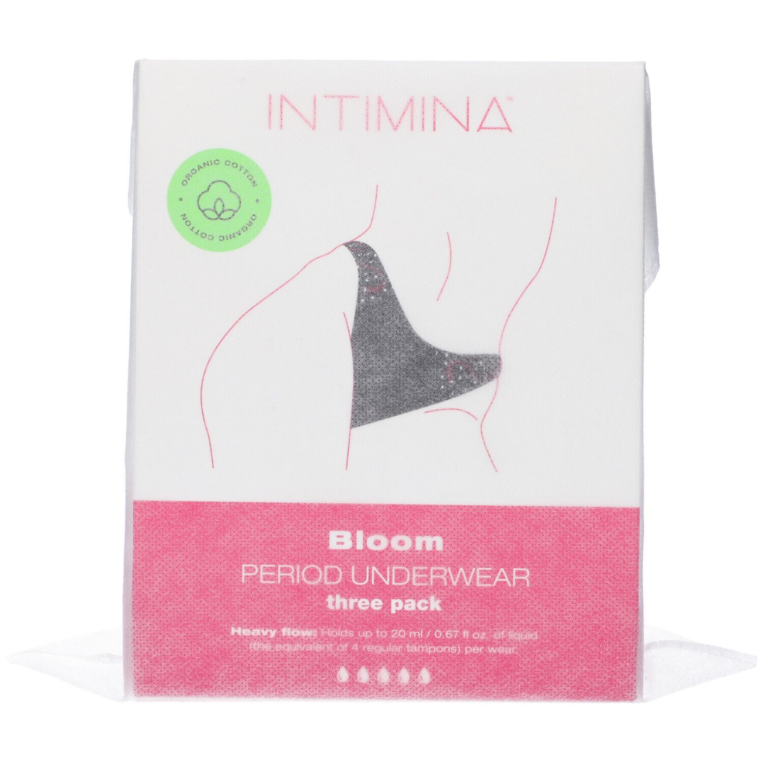 Confezione di mutandine mestruali. INTIMINA, Bloom, tre pezzi. Scritta rosa.
