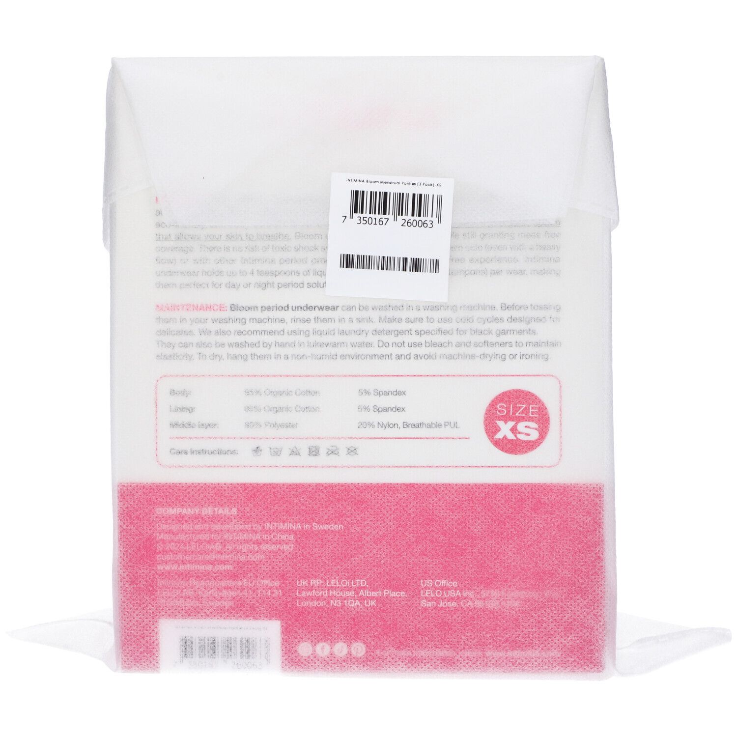 Retro della confezione di mutandine mestruali. Testo e indicazione taglia XS.