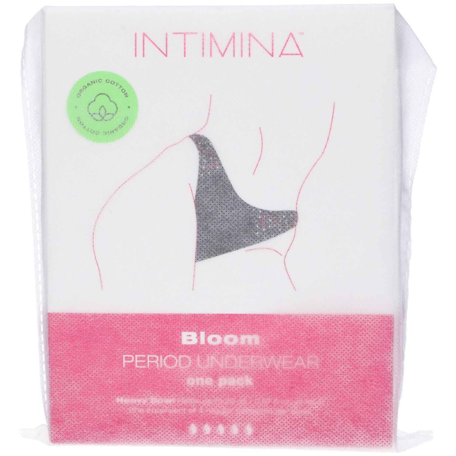 Confezione INTIMINA Bloom Mutanda Mestruale. Confezione singola. Sfondo bianco. Certificazione cotone.