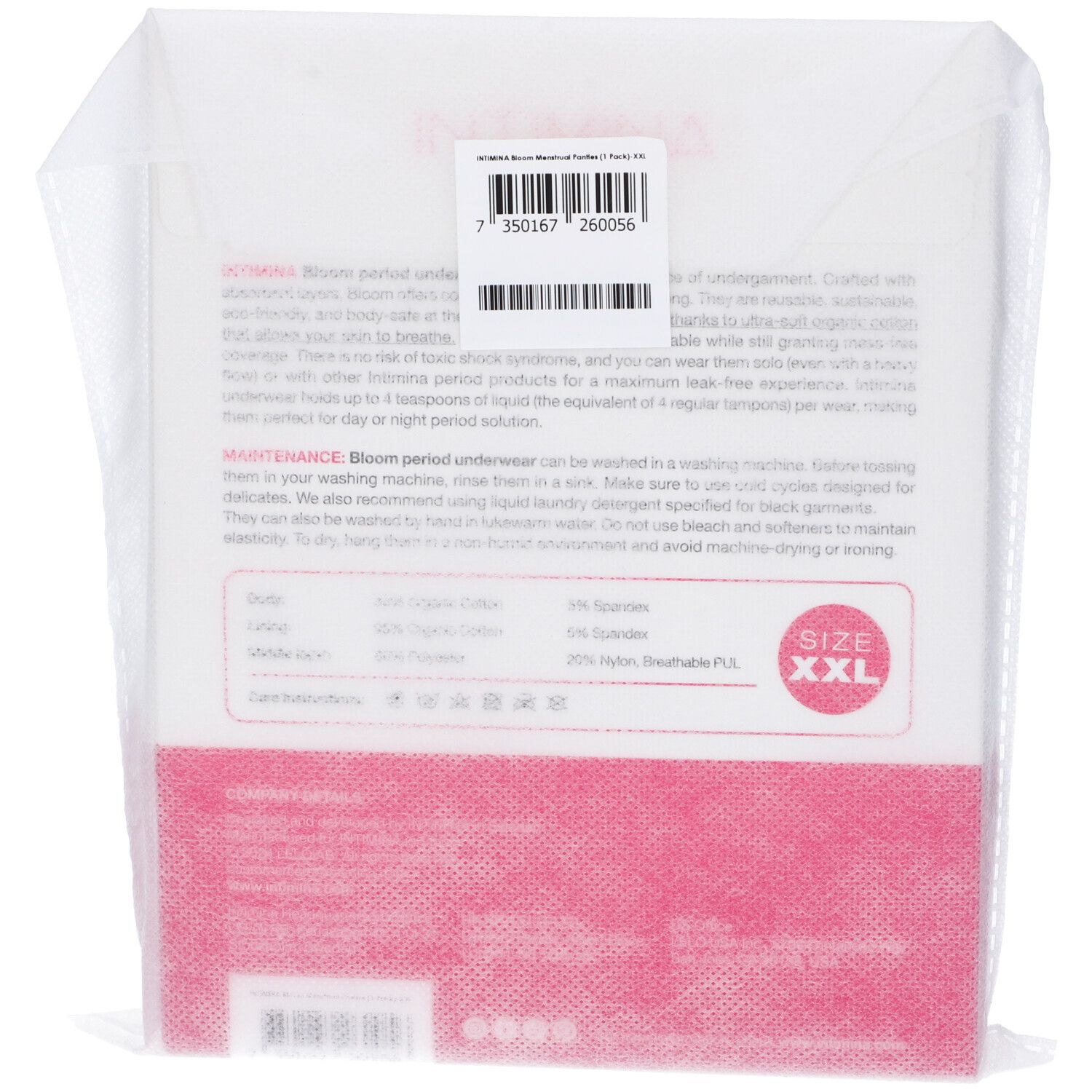 Retro della confezione INTIMINA Bloom Mutanda Mestruale. Informazioni sul prodotto e taglia XXL.