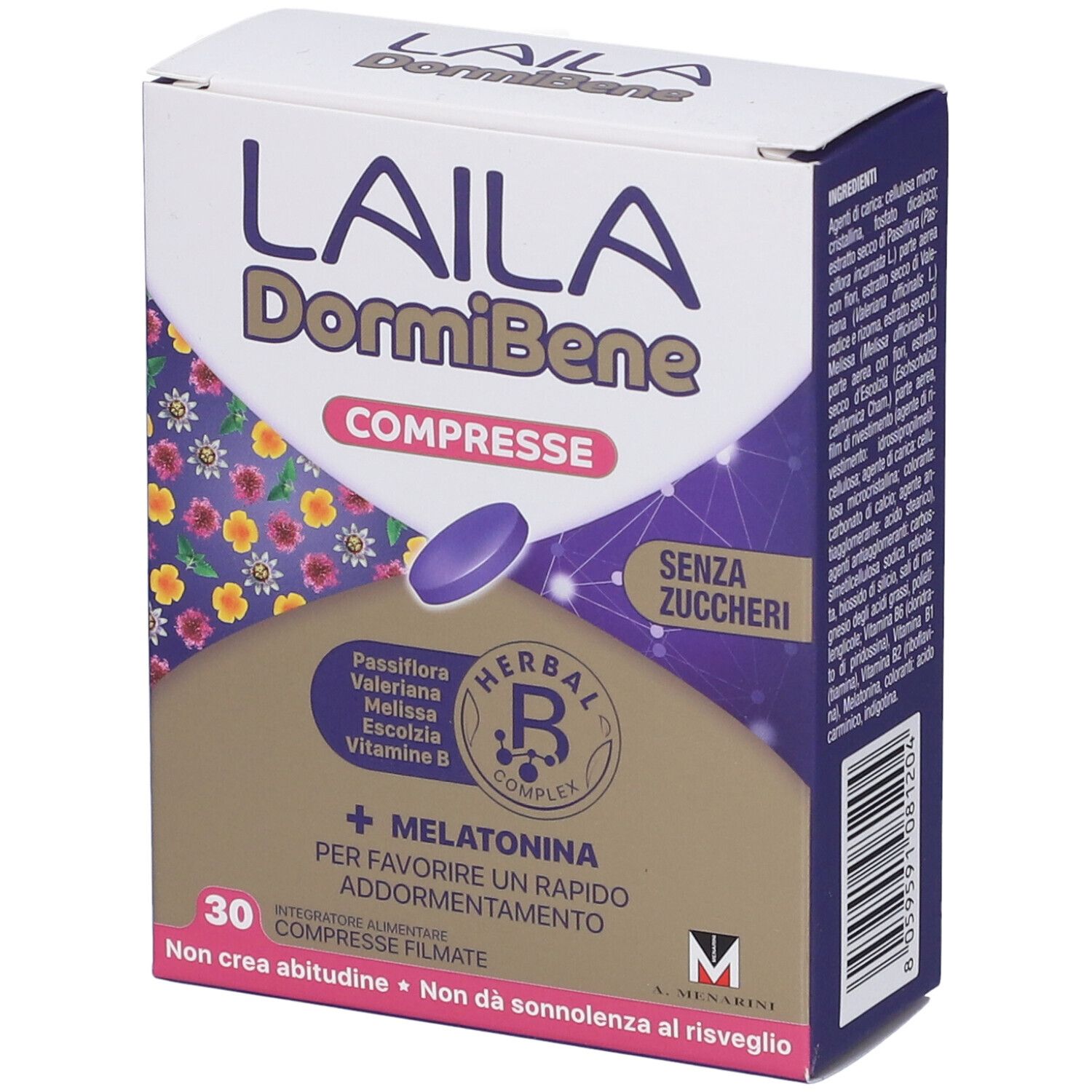 Scatola di Laila DormiBene Compresse. Compressa viola. Contiene melatonina, Herbal B Complex e 30 compresse. Senza zuccheri.