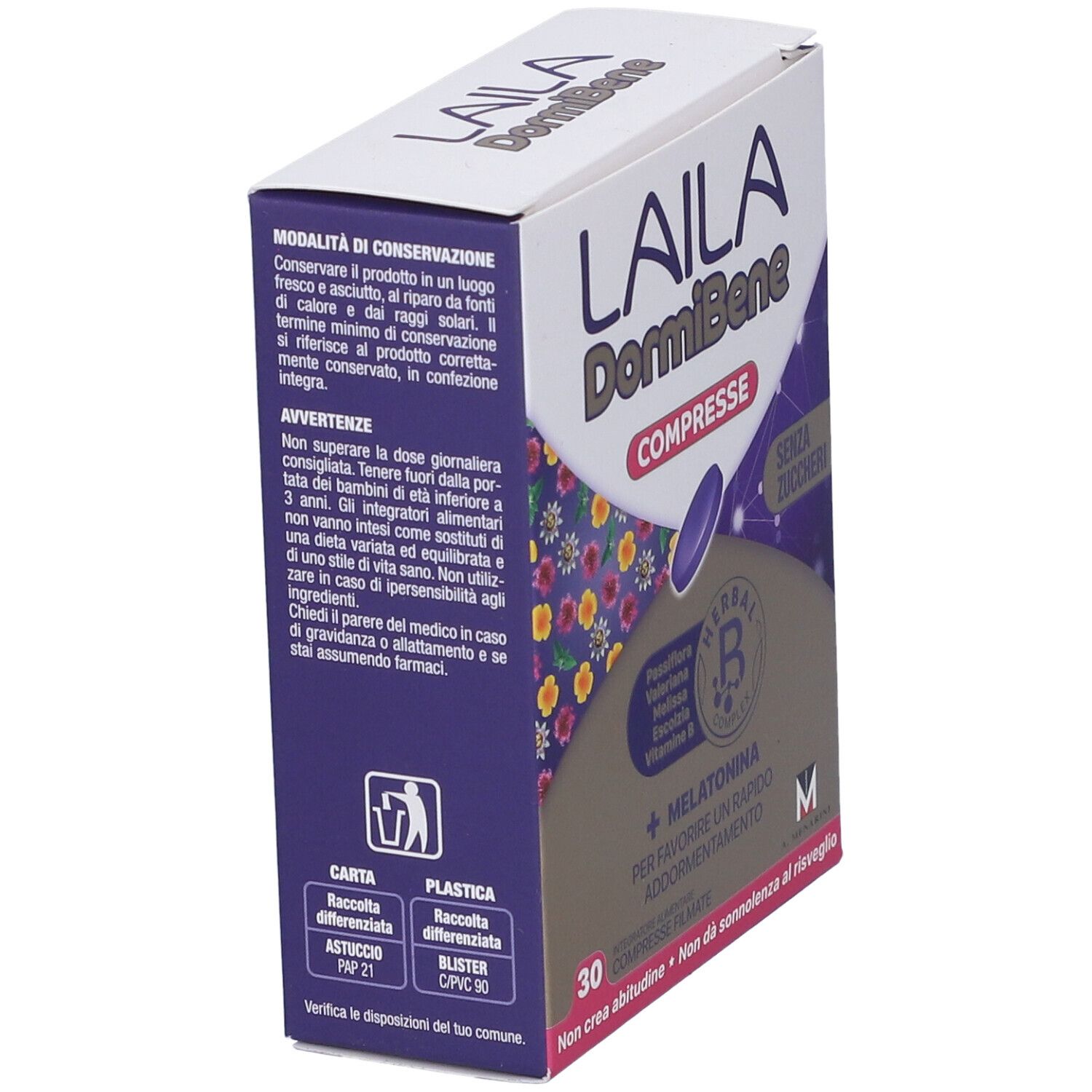 Scatola Laila DormiBene Compresse, retro con ingredienti e dosaggio. Contiene melatonina, vitamine ed erbe.