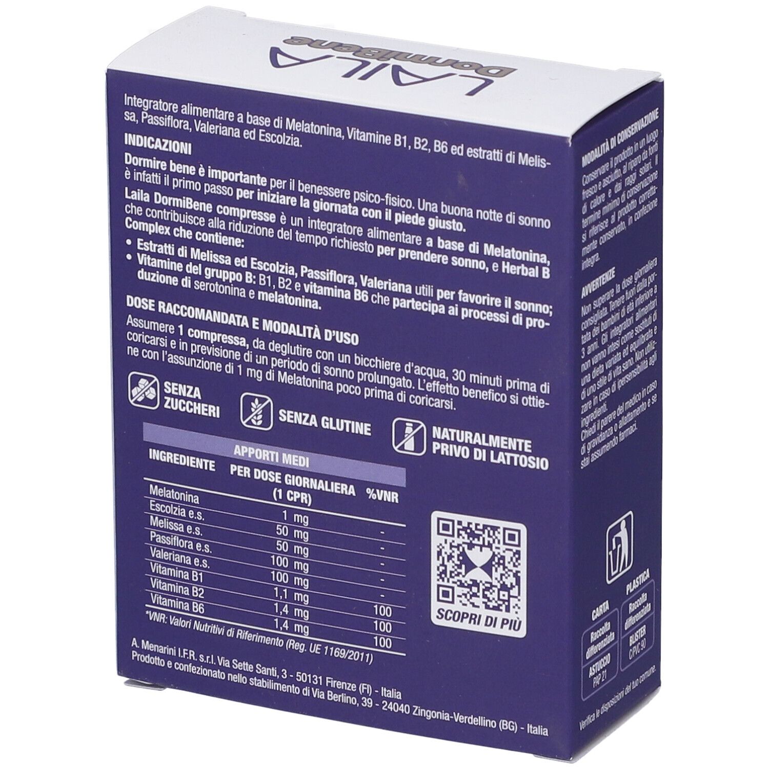 Scatola Laila DormiBene Compresse. Ingredienti e dosaggio. Contiene melatonina, vitamine ed erbe.