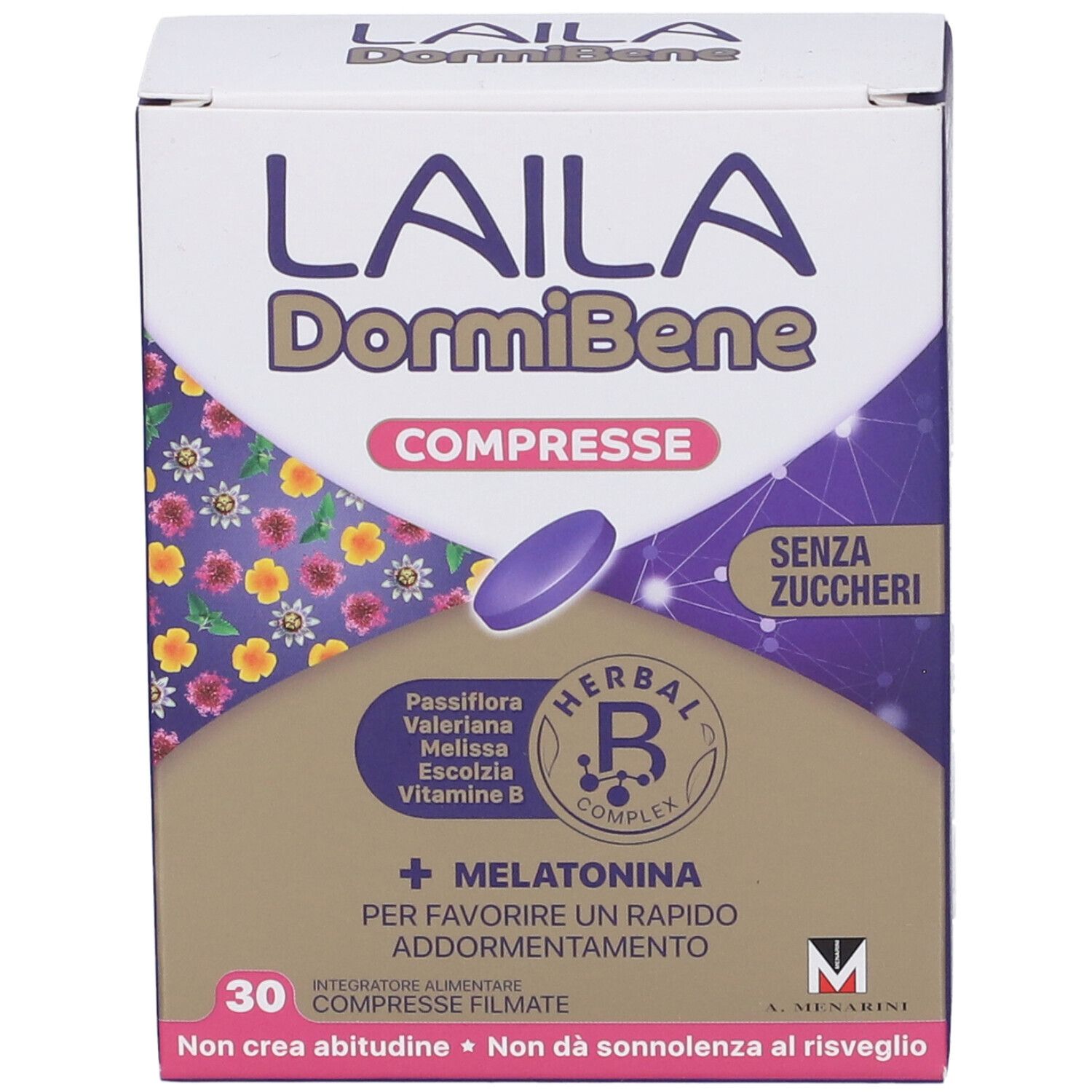 Scatola di Laila DormiBene Compresse. Compressa viola. Contiene melatonina, Herbal B Complex e 30 compresse. Senza zuccheri.