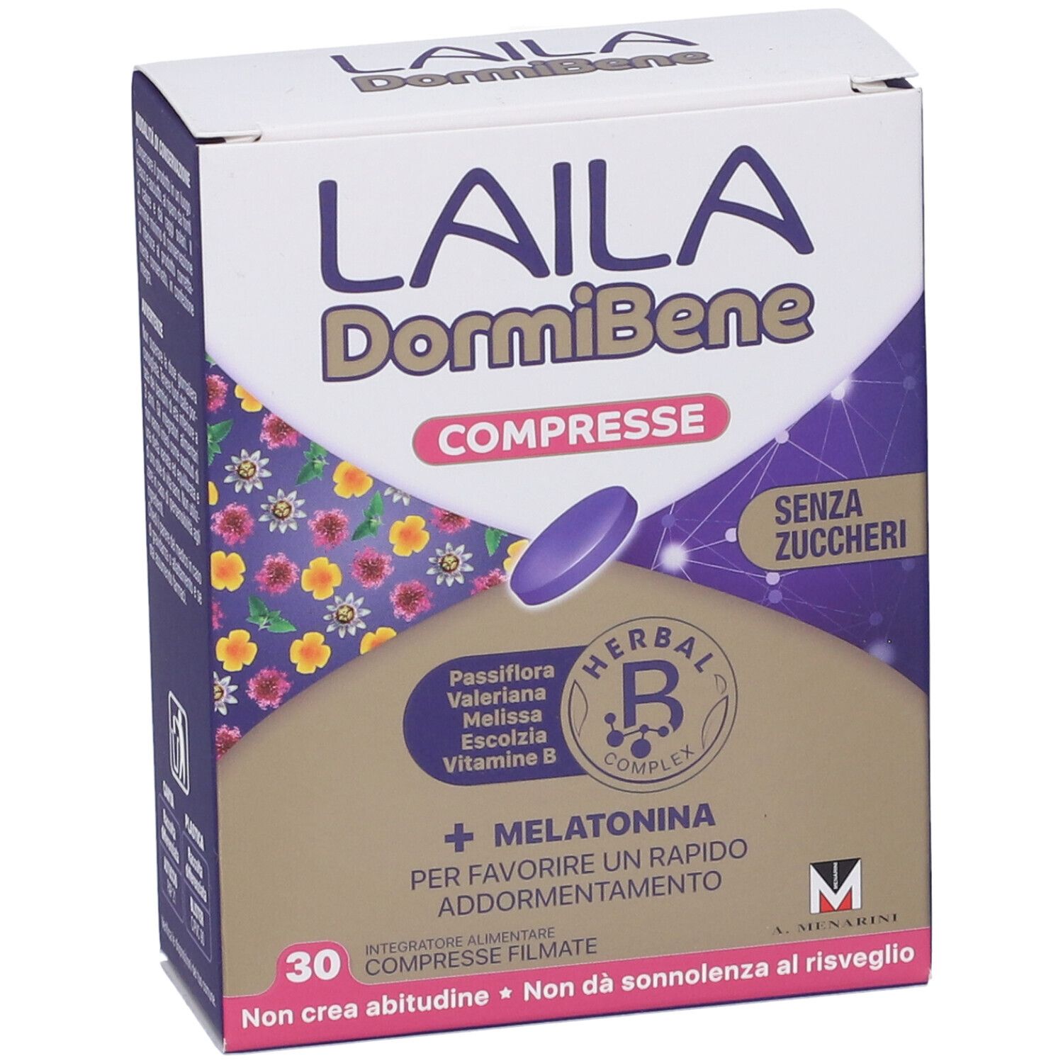 Scatola di Laila DormiBene Compresse. Compressa viola. Contiene melatonina, Herbal B Complex e 30 compresse. Senza zuccheri.