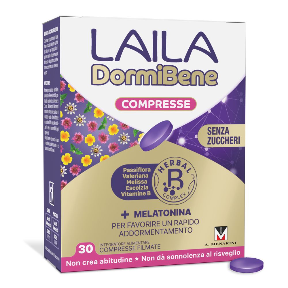 Scatola di Laila DormiBene Compresse. Compressa viola. Contiene melatonina, Herbal B Complex e 30 compresse. Senza zuccheri.