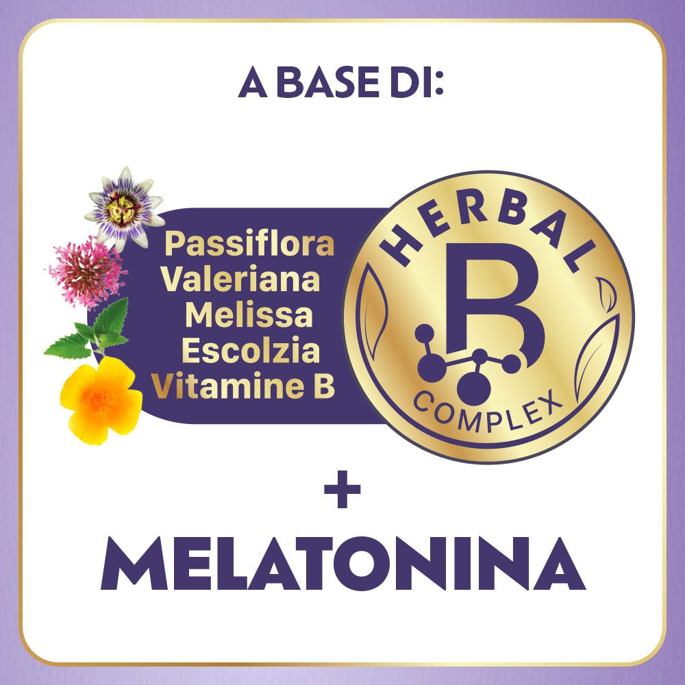 Primo piano degli ingredienti: Passiflora, Valeriana, Melissa, Eschscholtzia, Vitamina B e Melatonina.