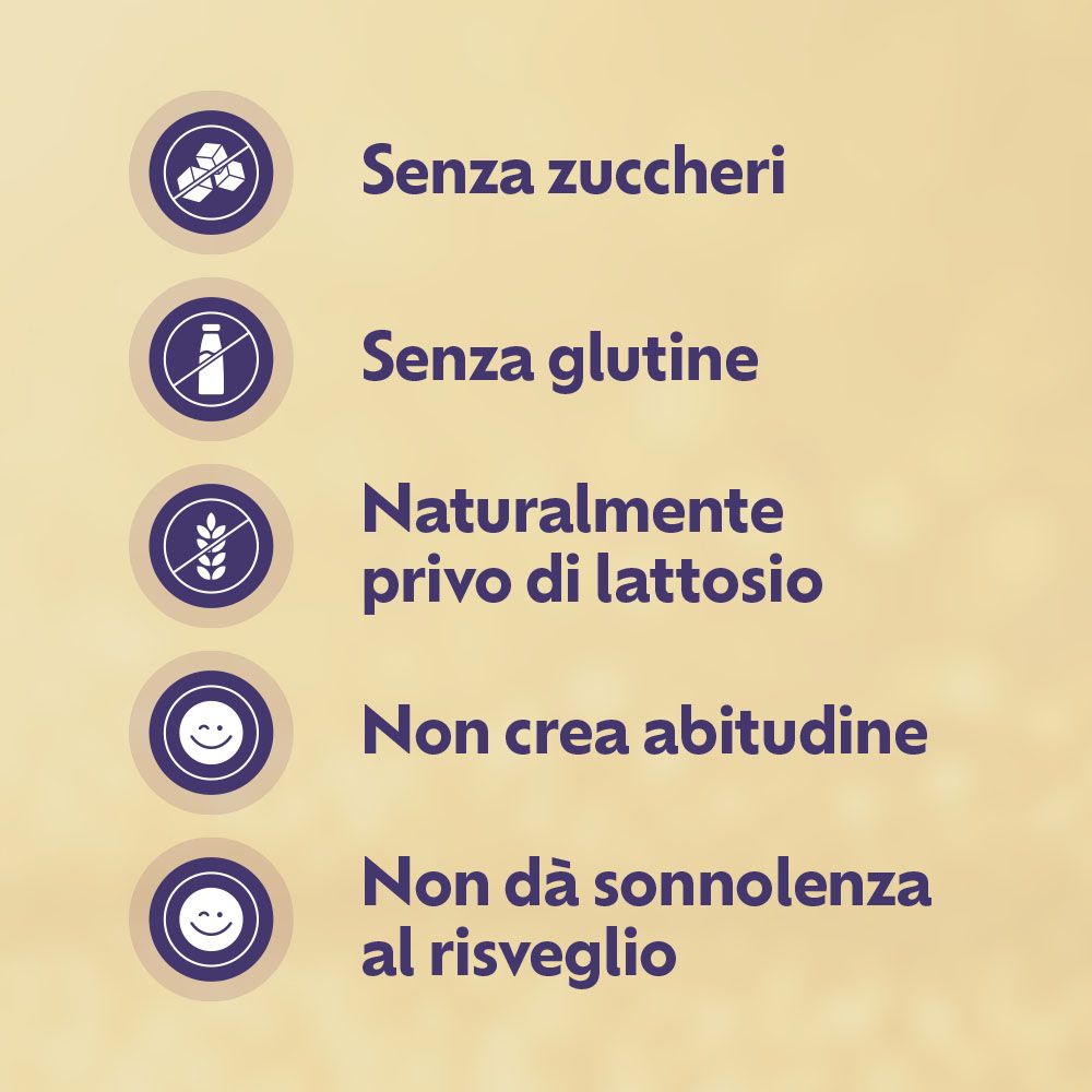 Simboli: Senza zuccheri, senza glutine, naturalmente senza lattosio, non crea assuefazione, non dà sonnolenza.