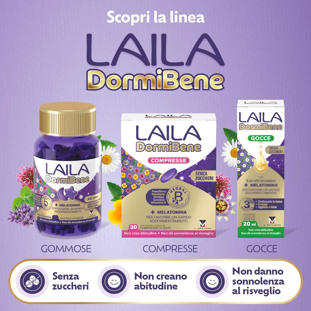 Linea Laila DormiBene: compresse, gommose e gocce. Senza zuccheri, non crea assuefazione, non dà sonnolenza.