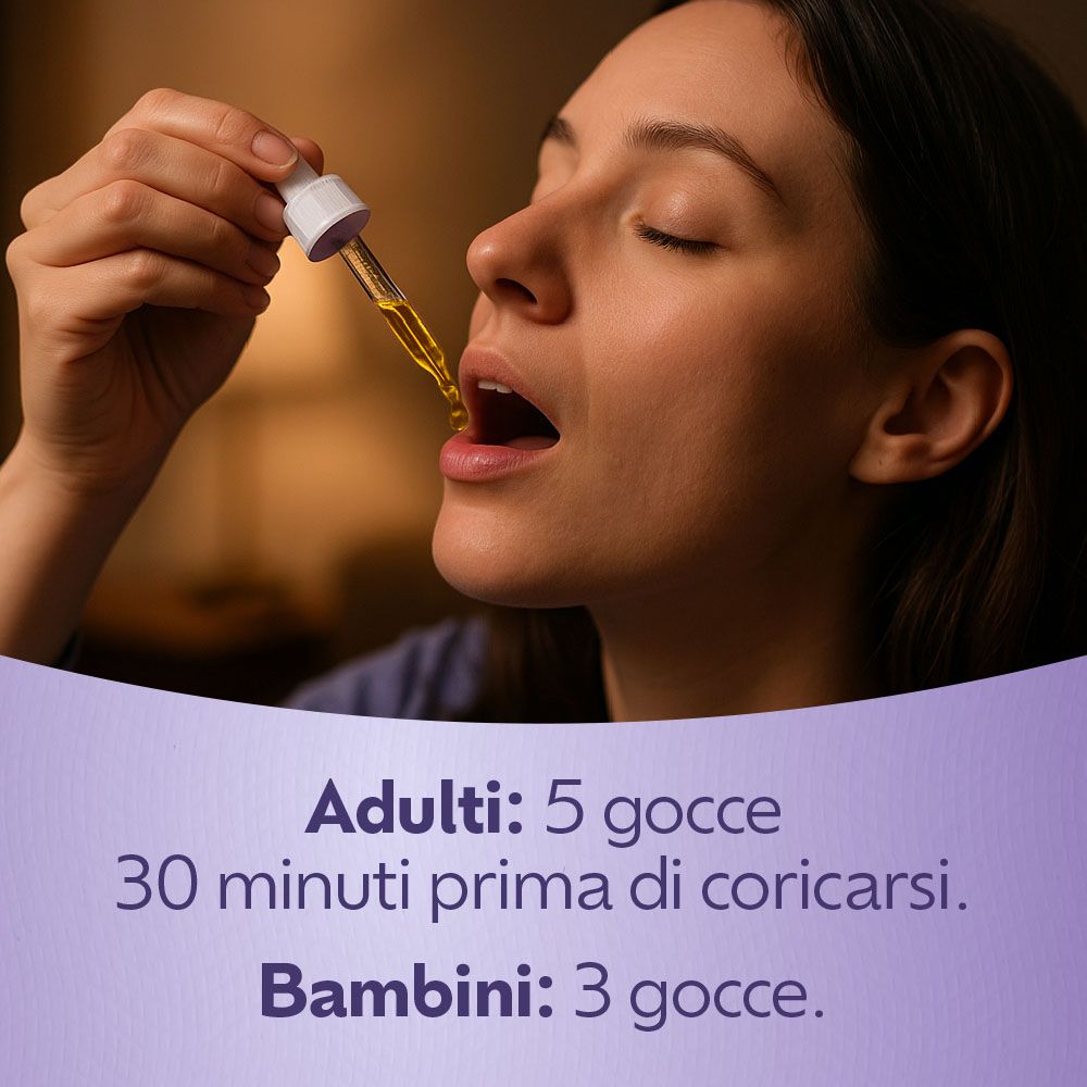 Donna mette gocce in bocca. Adulti: 5 gocce. Bambini: 3 gocce. 30 min prima di coricarsi.