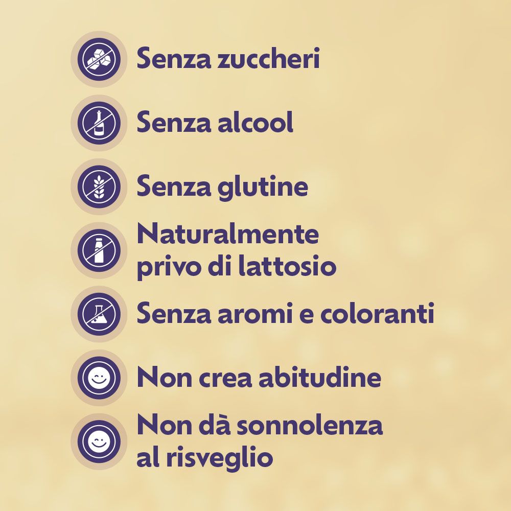 Senza zuccheri, alcol, glutine, aromi e coloranti. Naturalmente privo di lattosio. Non crea assuefazione.