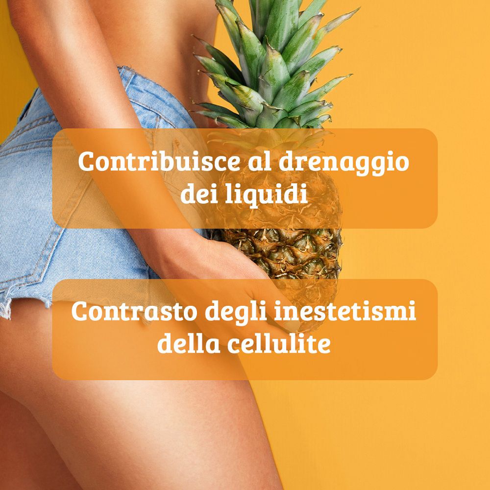 Donna che tiene un ananas; testo sul drenaggio dei liquidi e la cellulite.