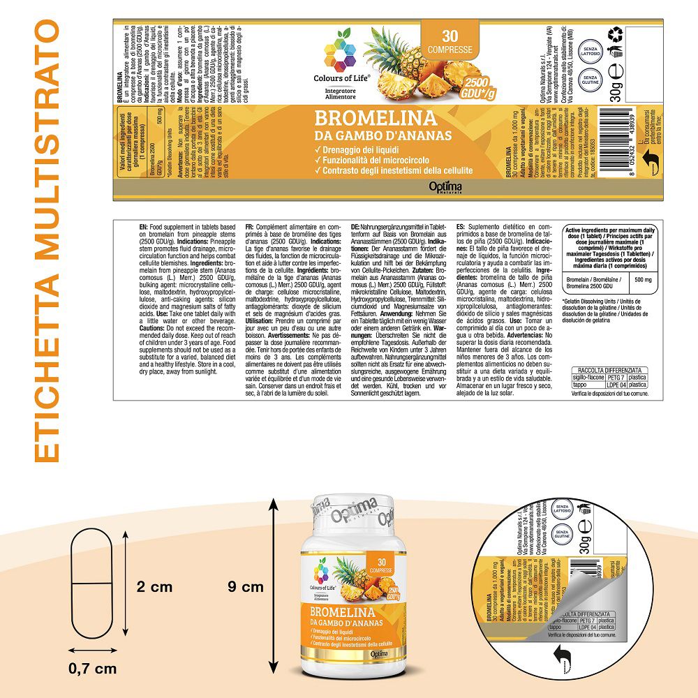 Confezione e flacone di compresse di bromelina, con dimensioni.
