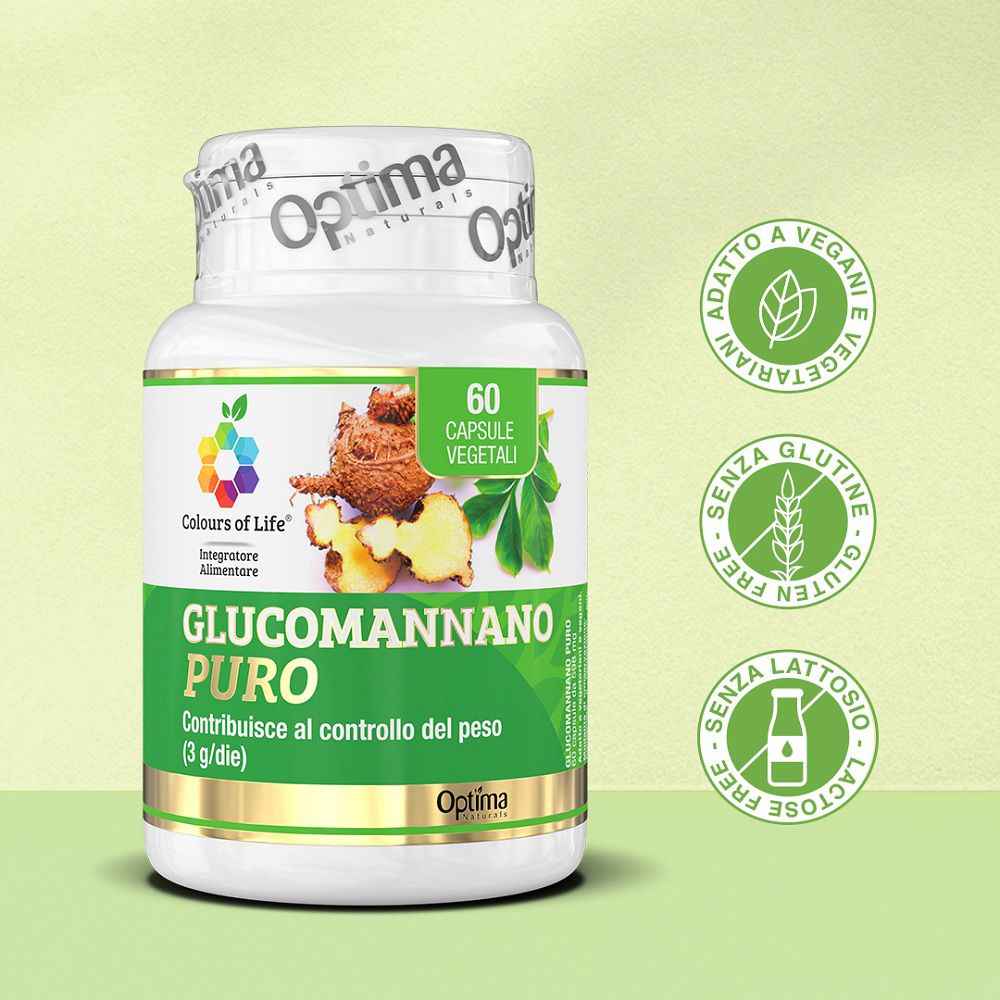 Contenitore bianco di capsule con etichetta Glucomannan e sigilli vegan, senza glutine, senza lattosio.