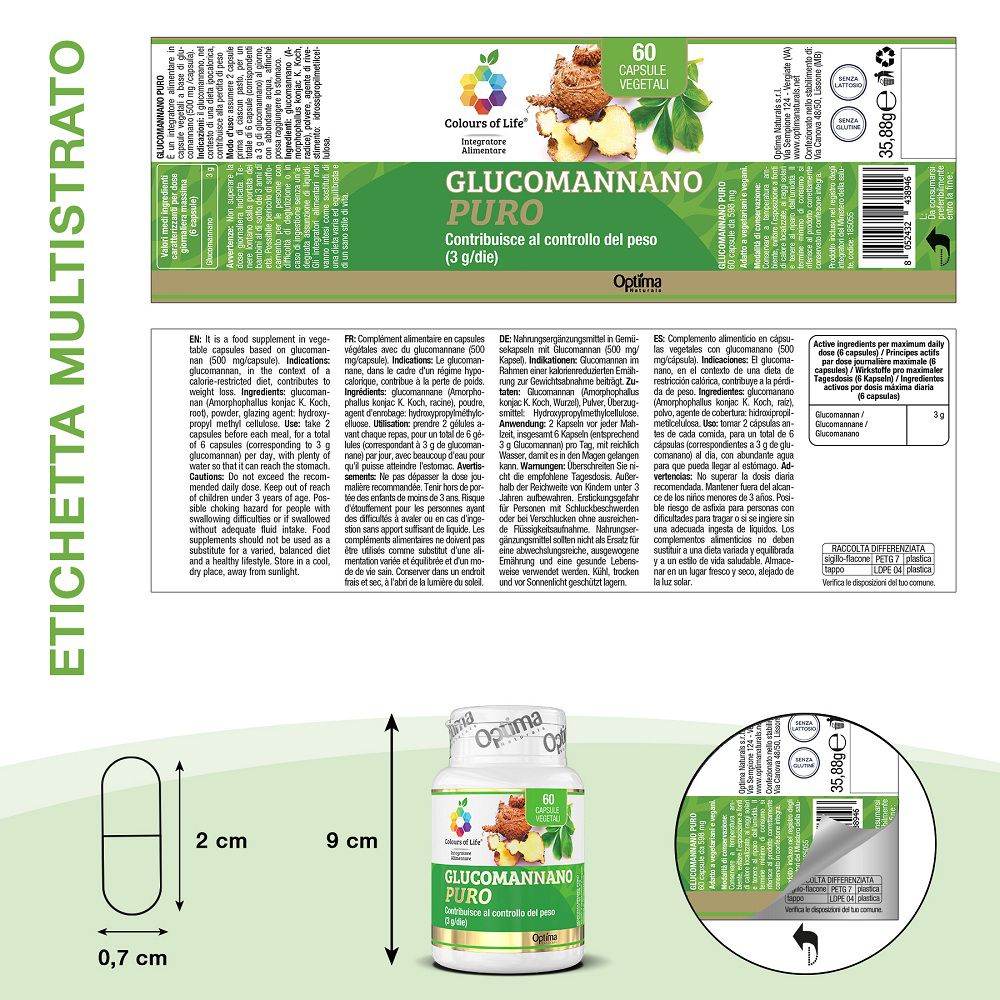 Dettagli confezione: fronte, retro e vista laterale del contenitore di capsule Glucomannan con dimensioni.